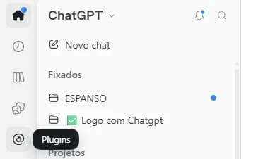 Barra lateral do ChatGPT com o ícone de Plugins destacado