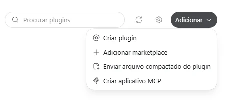 Menu Adicionar em Plugins com a opção Criar aplicativo MCP