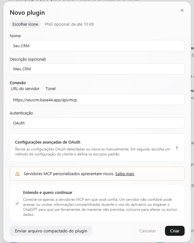 Tela Novo plugin preenchida com nome Seu CRM, link de conexão do aplicativo e opção OAuth