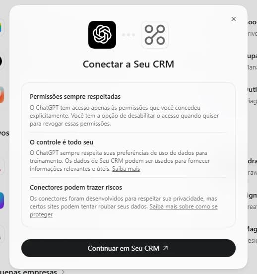 Janela Conectar a Seu CRM no ChatGPT com botão Continuar em Seu CRM