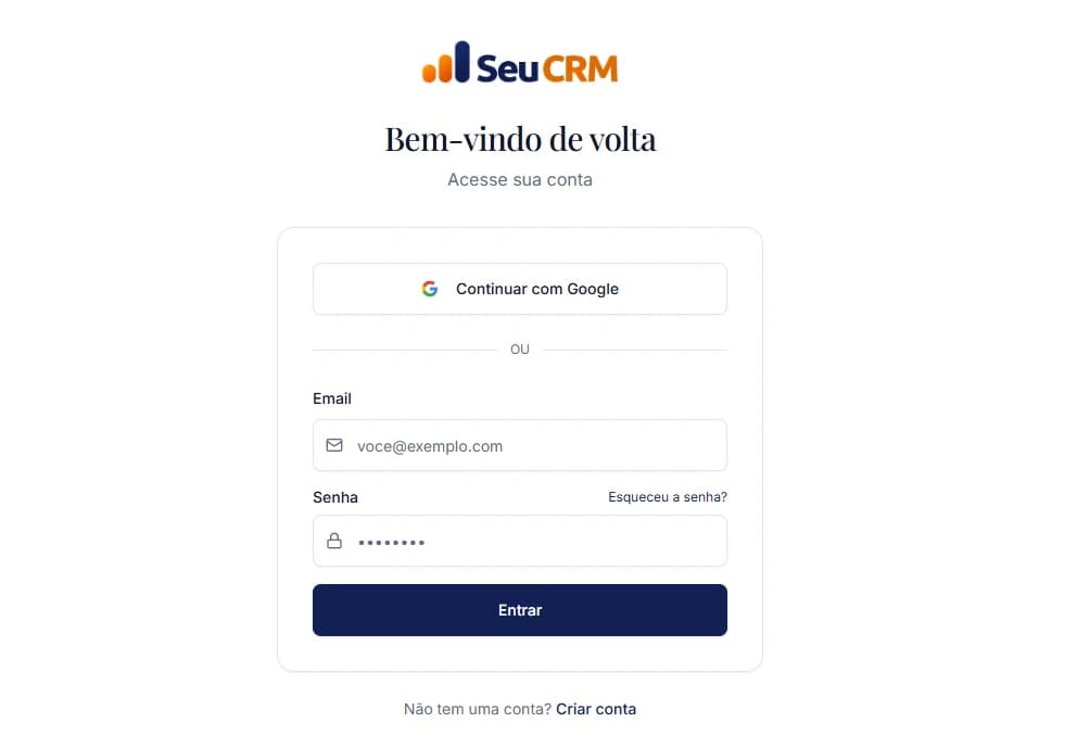 Página de entrada do Seu CRM com opções de Google ou email e senha