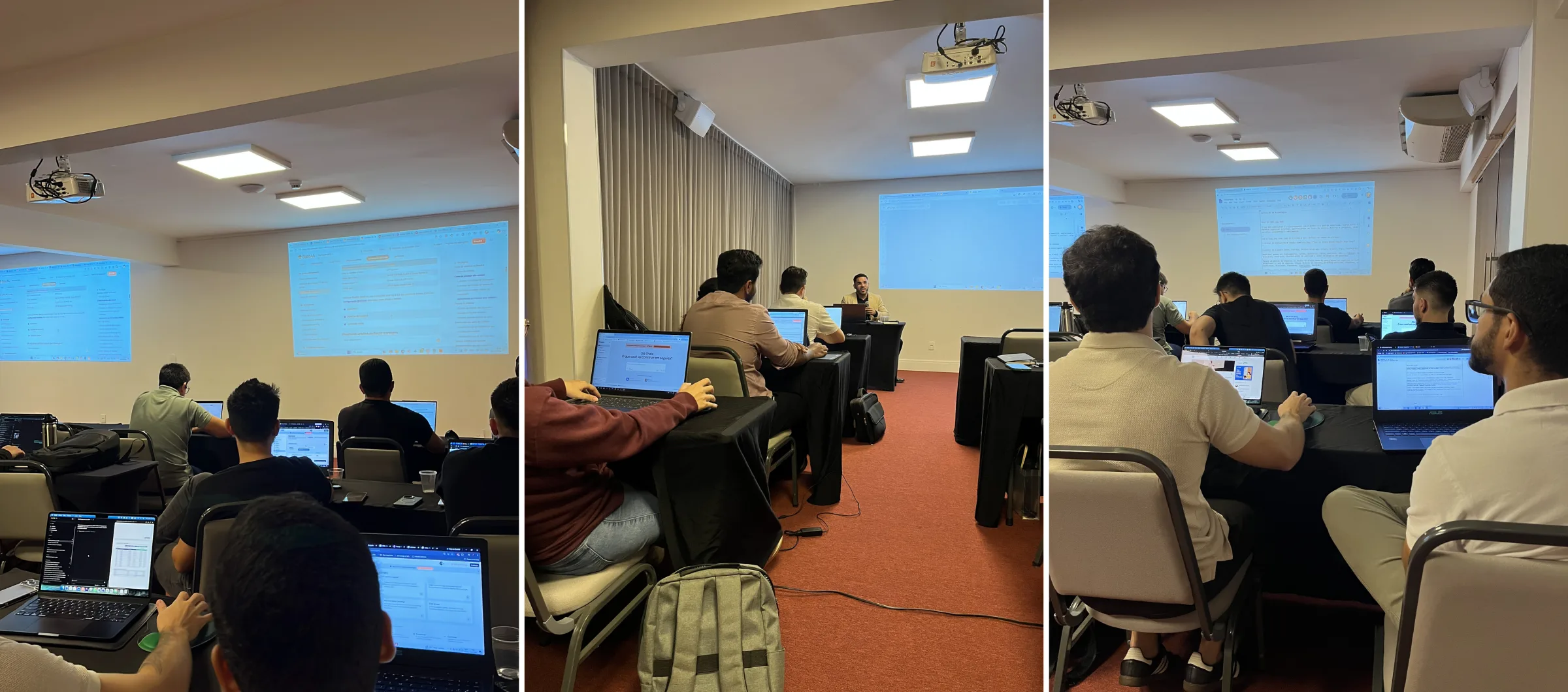 Sala de Treinamento do Hotel 10 Palmas com alunos nos notebooks construindo seus aplicativos no Base44