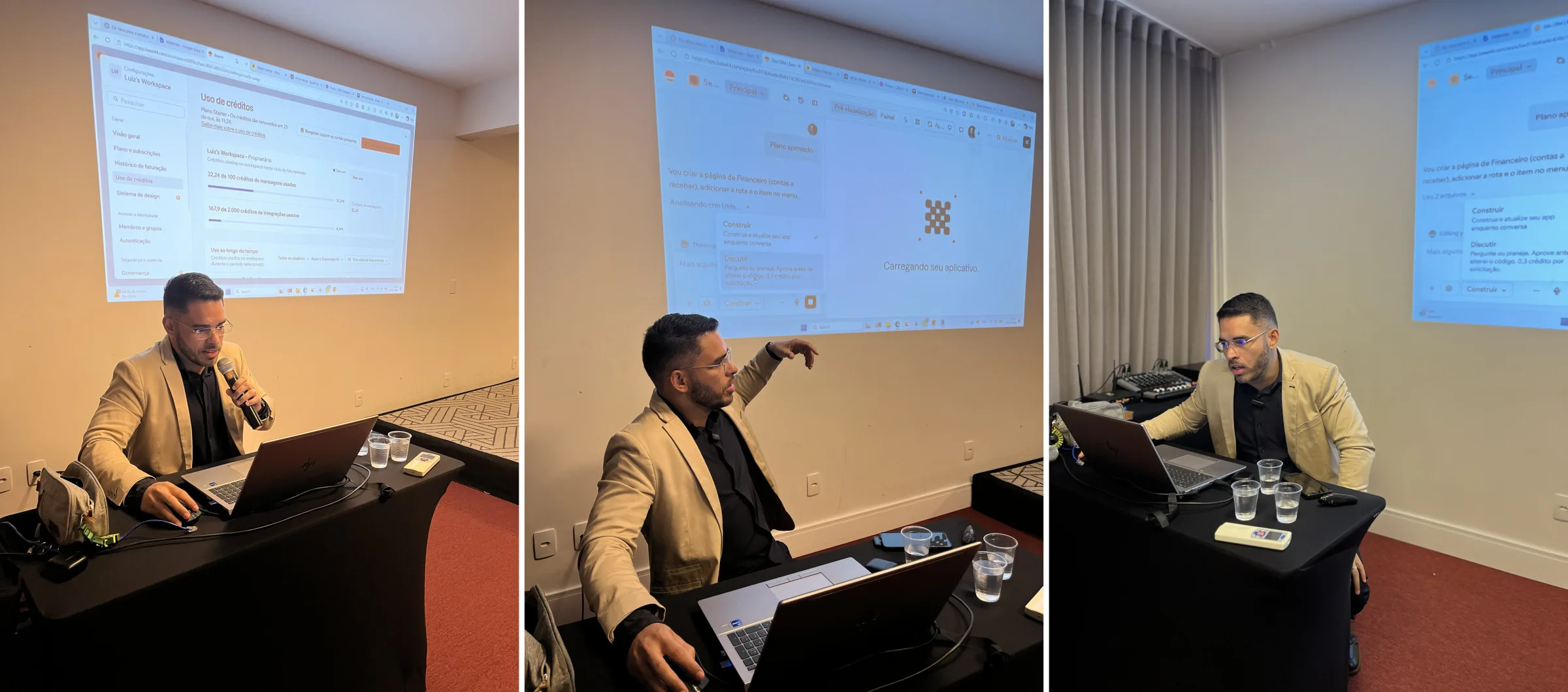 Luiz Carvalho demonstrando ao vivo no projetor a criação do módulo financeiro e o controle de créditos no Base44