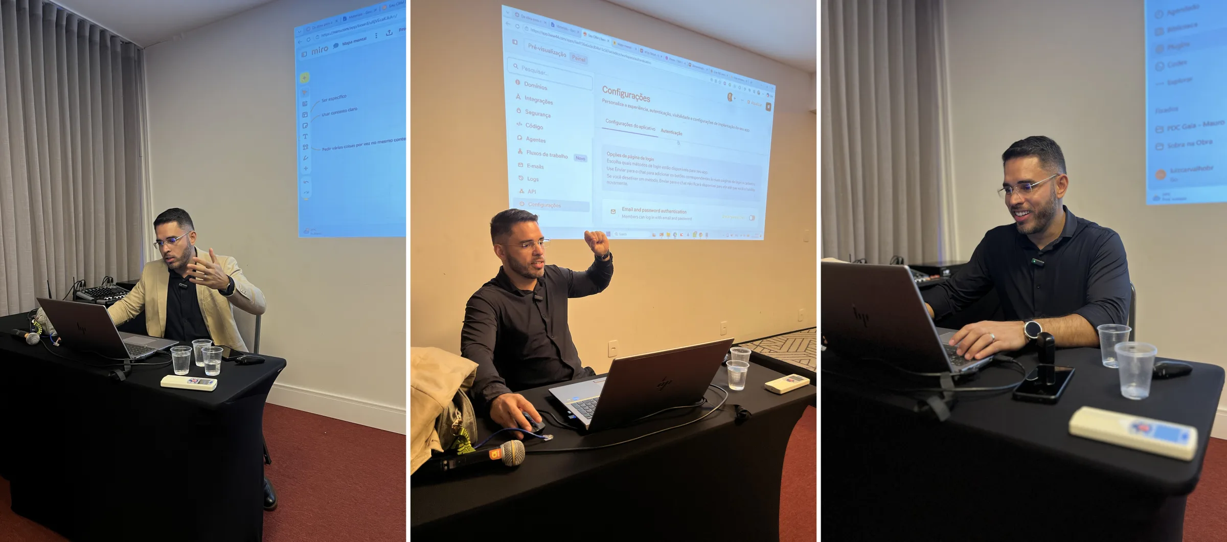 Luiz Carvalho demonstrando configurações de autenticação, publicação com domínio próprio e agentes no WhatsApp