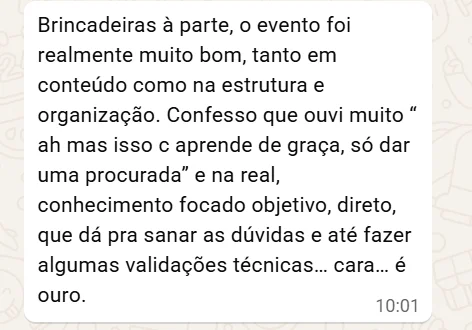 Print de mensagem destacando que o conhecimento focado, objetivo e direto para validar dúvidas técnicas é ouro